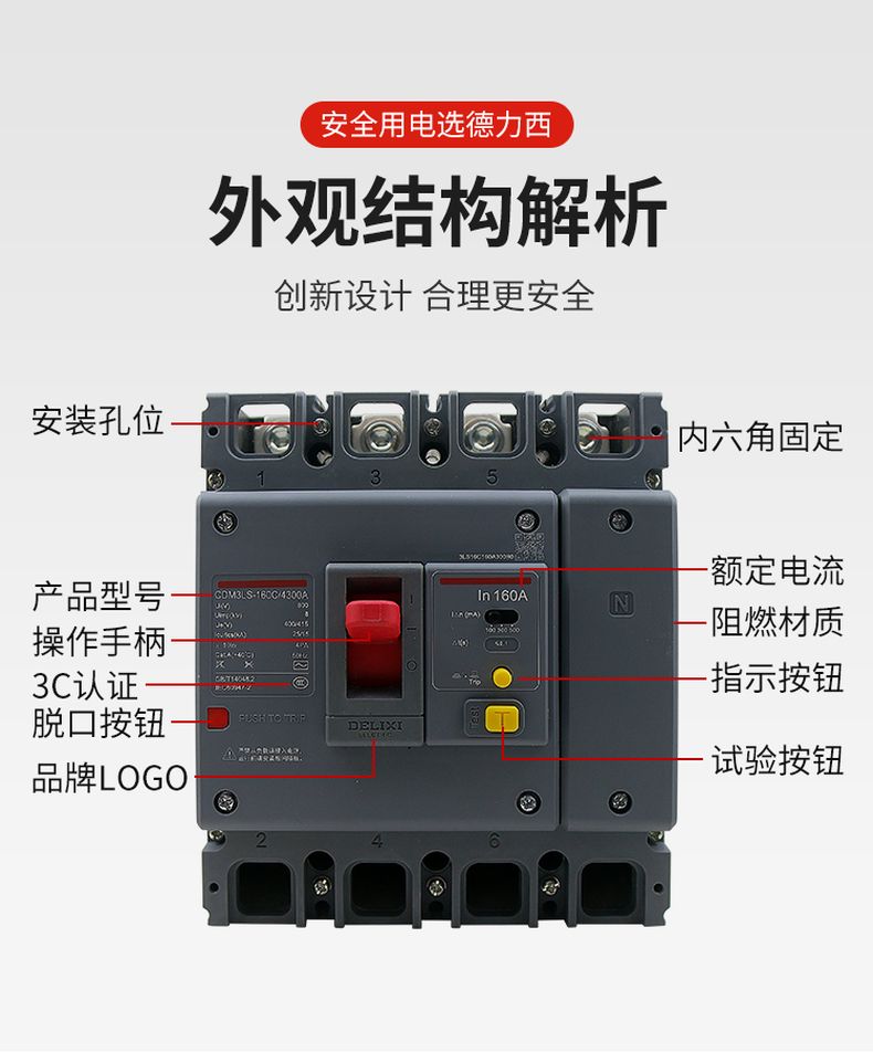德力西CDM3LS塑殼漏電開關 漏電保護器3相4相 額定電流16A~800A 動作電流100/300/500mA可調 部分規格需要定貨